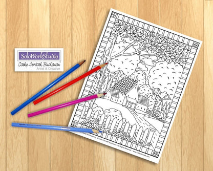 Country cottage folk art coloring pages pack pdf download printable â soloworkstudio