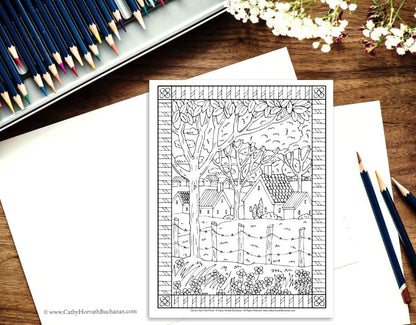 Folk art town country landscape coloring pages pack printable pdf â soloworkstudio