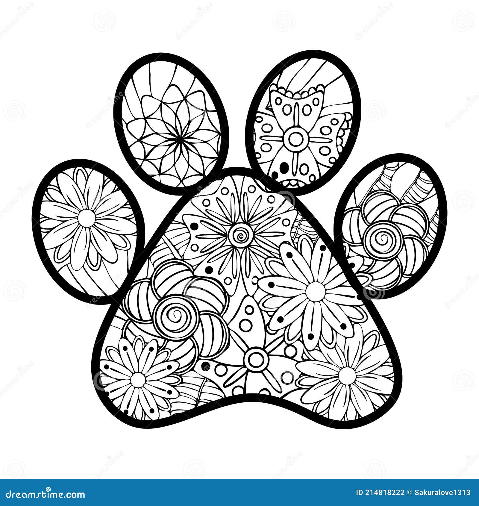 Monochrome hand drawn zentagle illustration of dog paw print coloring page isolated on white background boho style stock vector