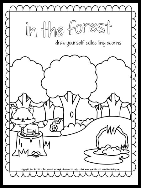 In the forest coloring page â draw yourself collecting acorns â free printable â the art kit