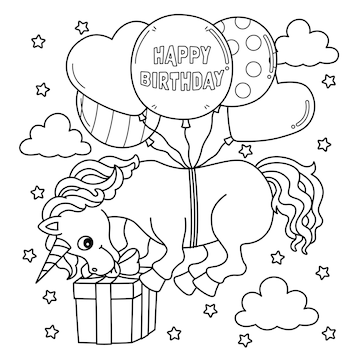 Premium vector a cute and funny coloring page of a happy birthday unicorn provides hours of coloring fun for children color this page is very easy suitable for little kids and