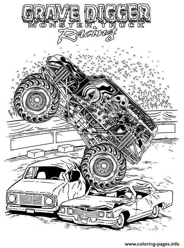 Grave digger monster truck racing coloring page printable