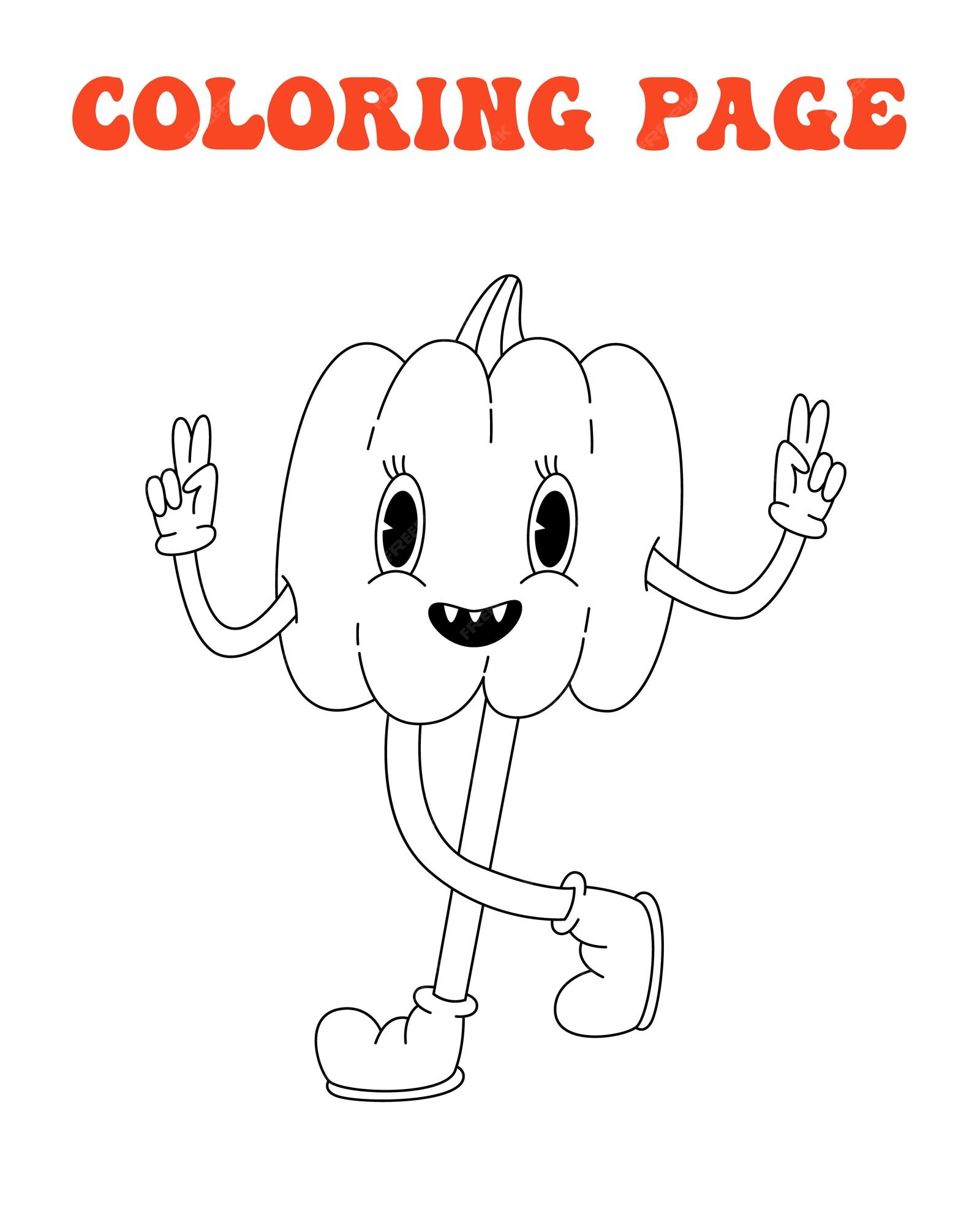 Premium vector s s groovy coloring page retro print with line hippie pumpkin cartoon psychedelic landscape vintage funky print halloween vibe trick or treat holiday october