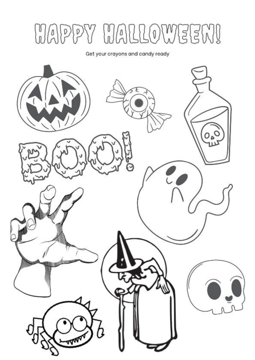 Printable halloween themed coloring page halloween coloring page spooky coloring page for kids printable coloring page for kids