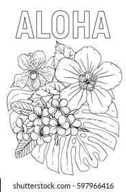Page de coloriage aloha avec hibiscus image vectorielle de stock libre de droits