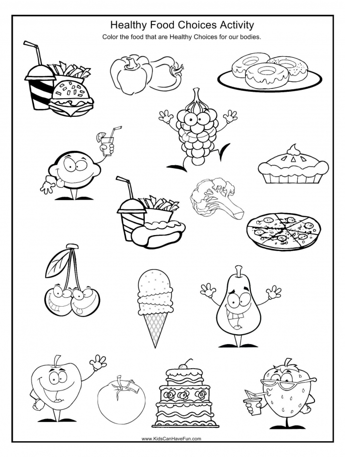 Healthy food coloring page worksheets