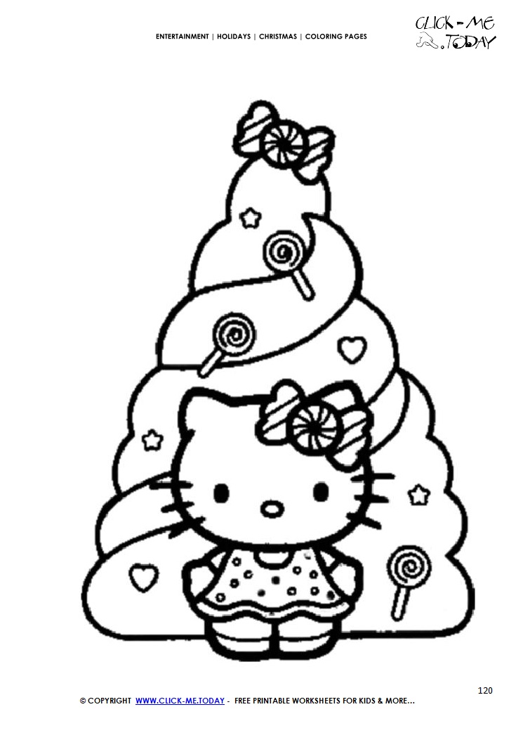 Color hello kitty with xmas tree coloring page