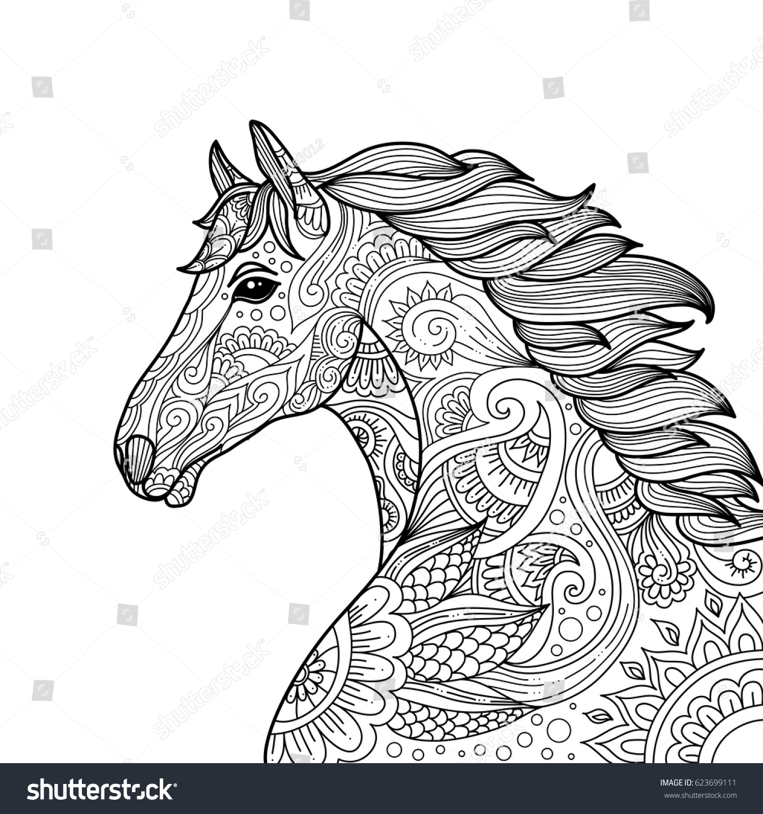 Hakuun stylized hand drawn head horse coloring liittyvã vektorikuva rojaltivapaa
