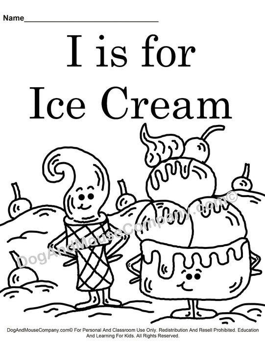 I is for ice cream coloring page learn your abcs worksheet printa â dog and mouse pany