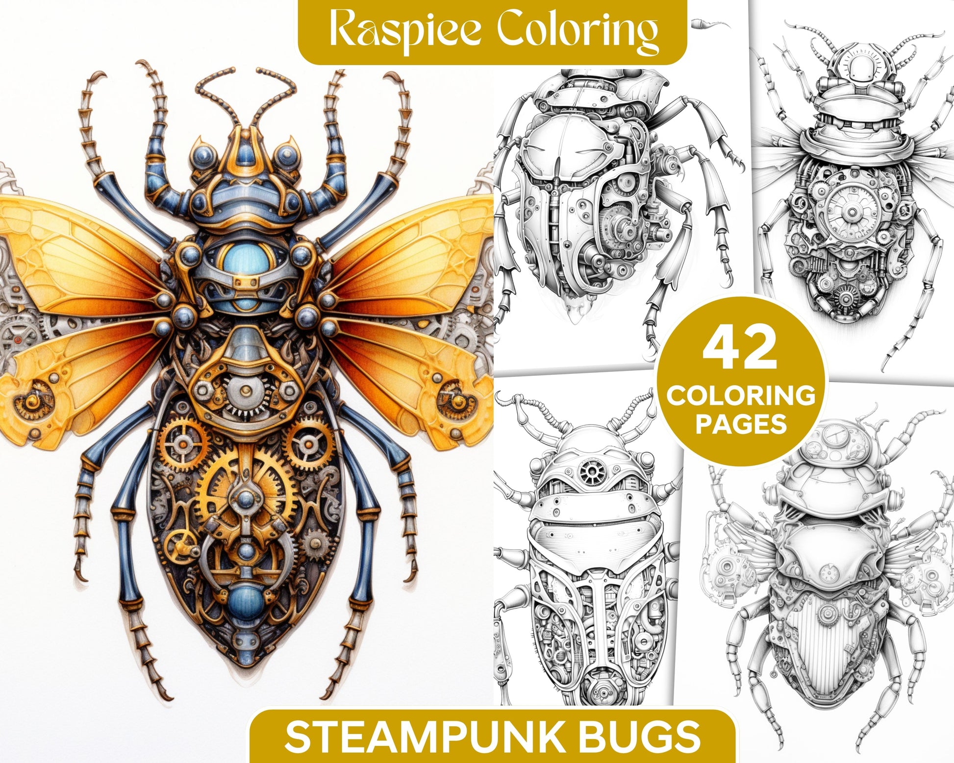 Steampunk bugs grayscale coloring pages printable for adults pdf f â coloring