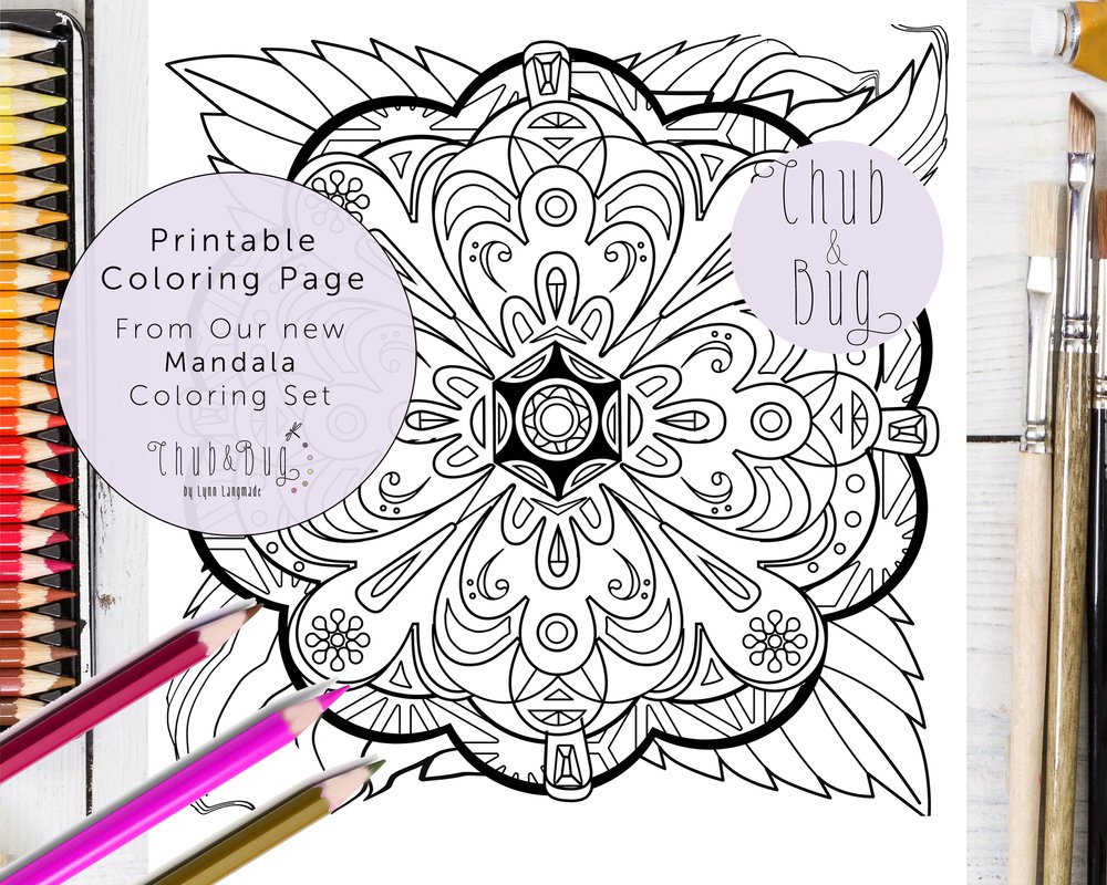 Flower mandala coloring page in black and white â chub and bug illustration wall art and school supplies for kids and babies