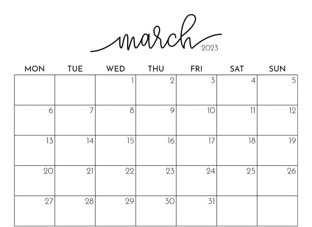 Download a printable march calendar with the word march