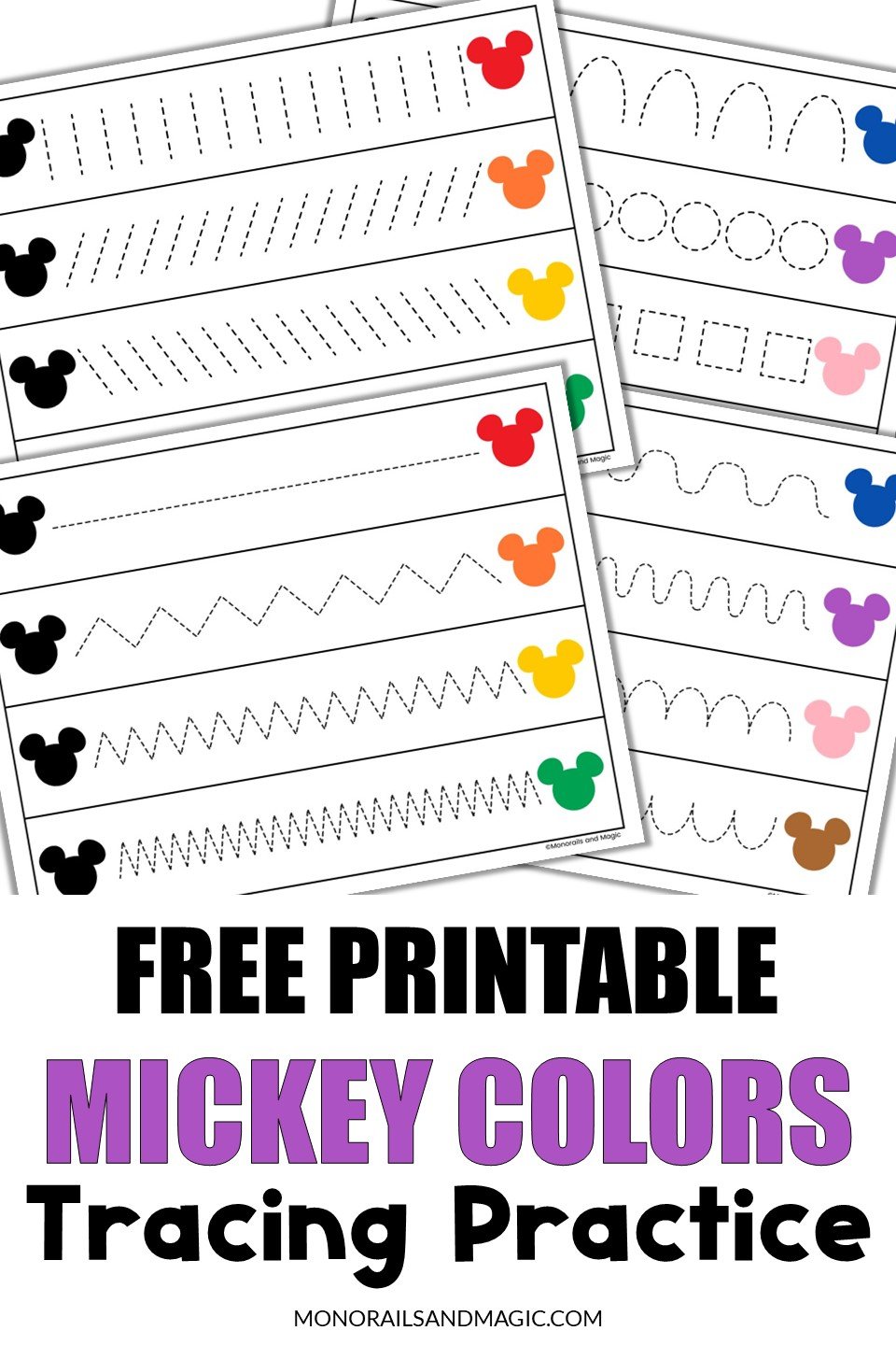 Mickey colors tracing practice free printable