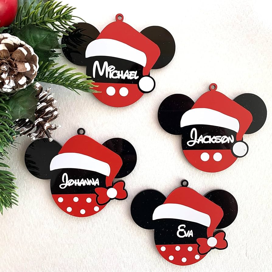 Personalized mickey mouse name ornaments christmas custom name bauble santa hat xmas disney decorations gift name tag handmade minnie mouse ears mickey head winter birthday party decor disneyland handmade
