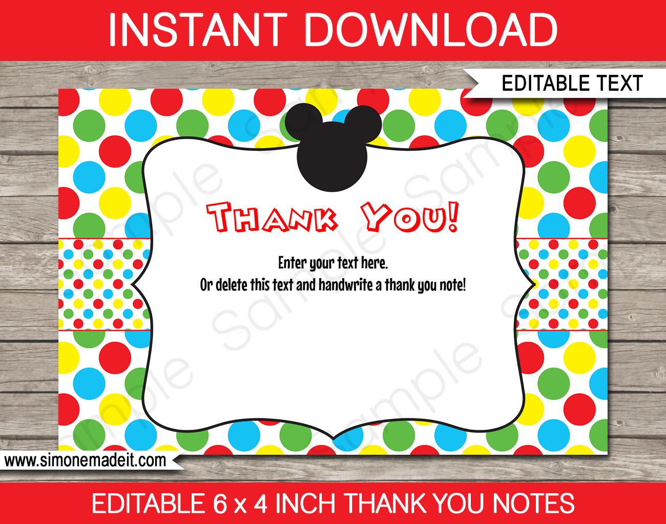 Printable mickey mouse thank you cards template birthday party tags
