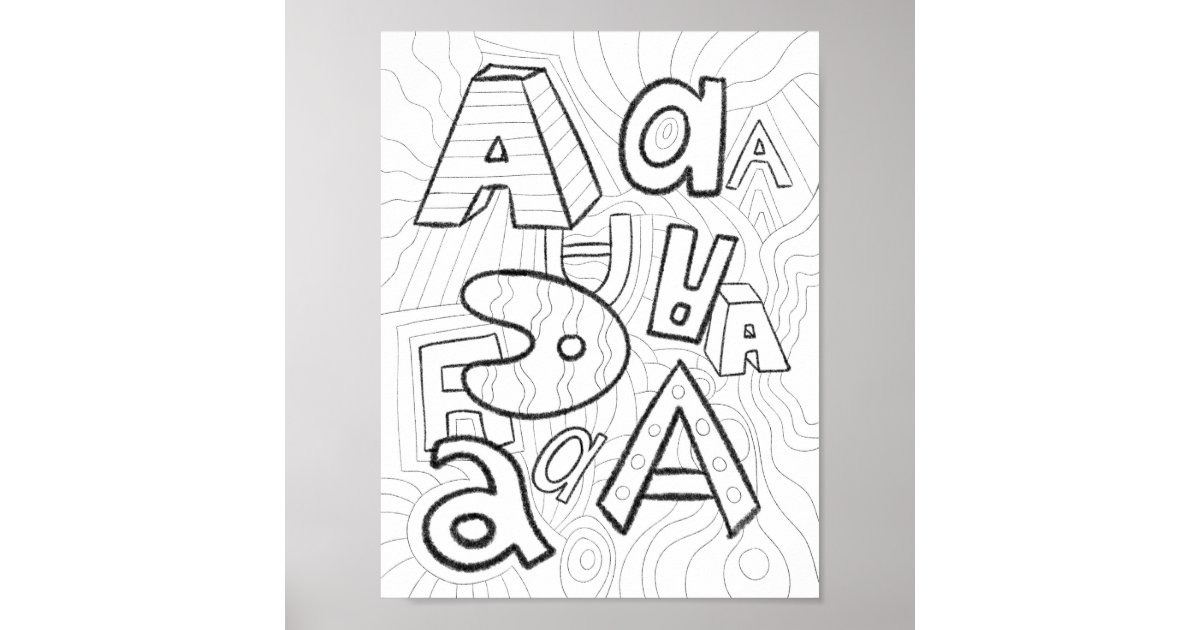 Fun hand drawn letters a coloring page alphabet poster