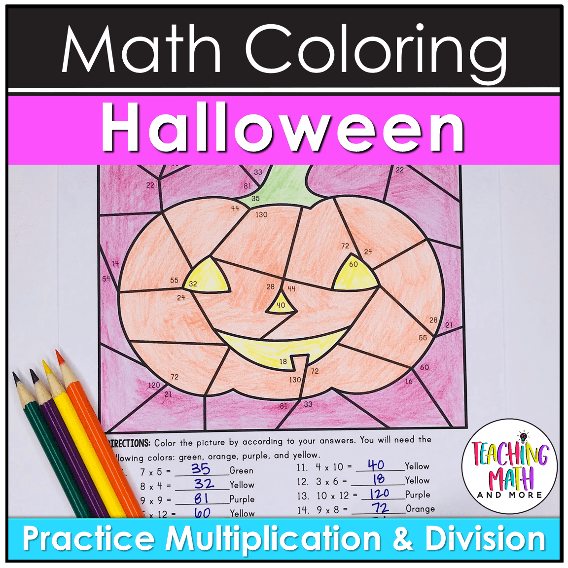 Halloween math coloring multiplication division worksheets
