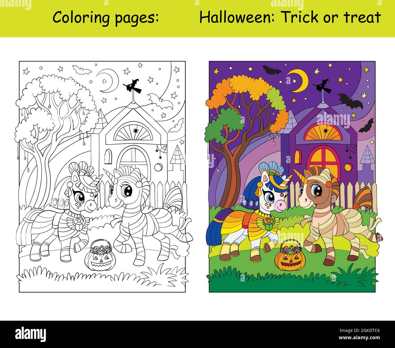 Cute unicorns in egyptian princess and mummy costumes halloween concept coloring book page for children with colorful template vector cartoon illus stock vector image art