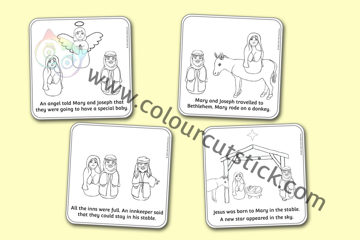 Free nativity story sequence cards colouring coloring pages pack â colour cut stick