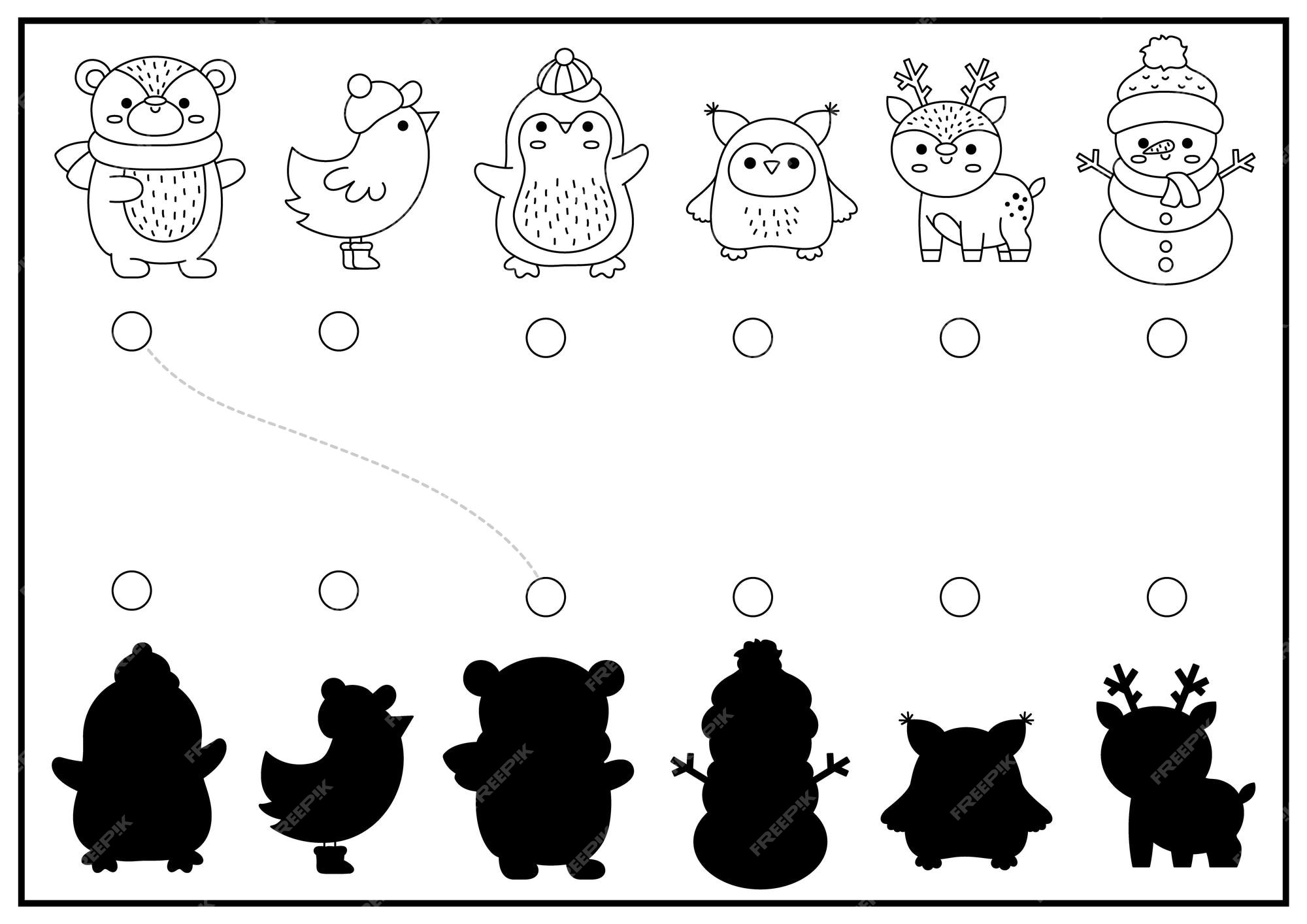 Premium vector christmas black and white shadow matching activity winter holiday puzzle with cute kawaii animals find correct silhouette printable worksheet new year coloring page for kids