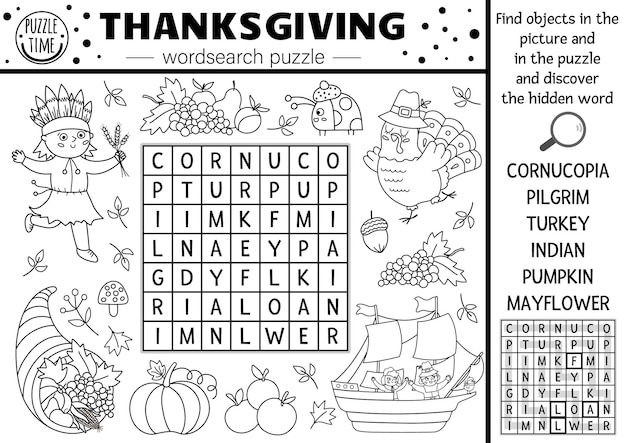 Premium vector vector thanksgiving black and white wordsearch puzzle for kids simple line autumn camp crossword with traditional symbols coloring keyword activity with turkey pilgrim pumpkin americanxa