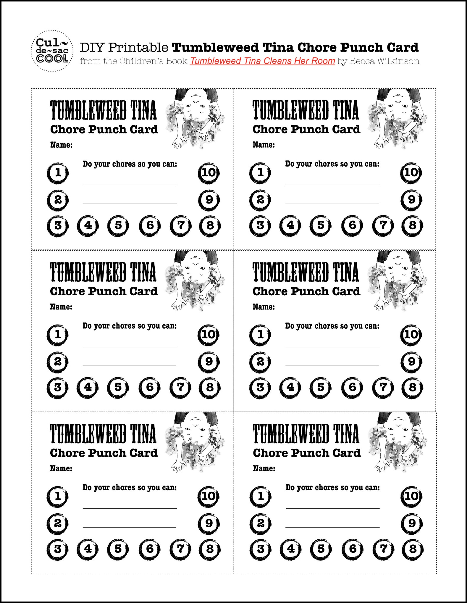 Diy printable tumbleweed tina chore punch card