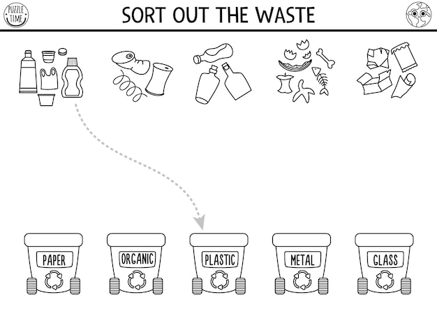 Premium vector ecological black and white matching activity with waste sorting concept earth day puzzle printable worksheet or game sort out the waste eco awareness coloring page for kidsxa