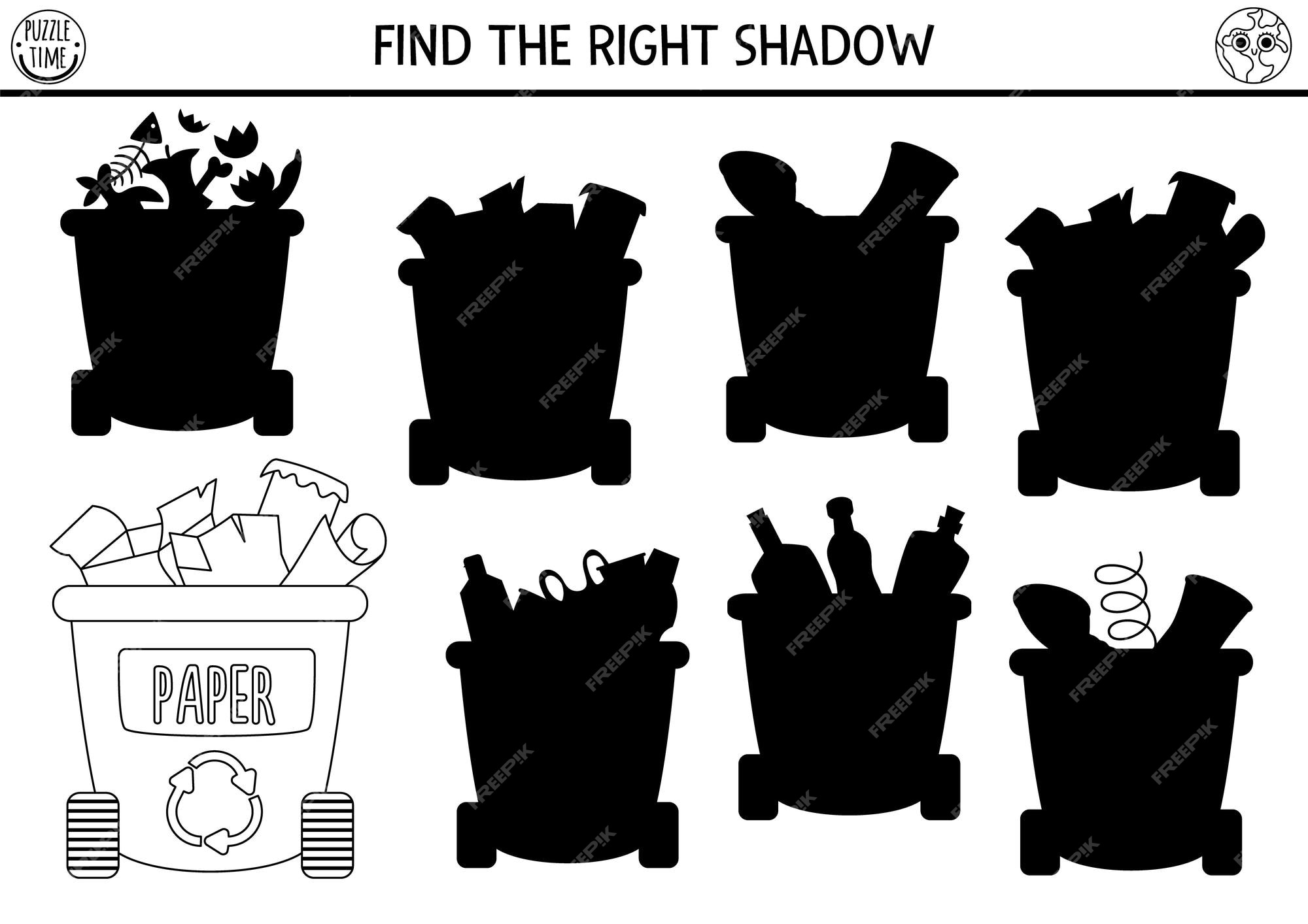Premium vector ecological black and white shadow matching activity with waste sorting concept earth day puzzle find correct silhouette printable worksheet or game eco awareness coloring page for kidsxa