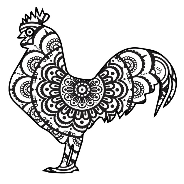 Premium vector a black and white drawing of a rooster with a pattern of different colors