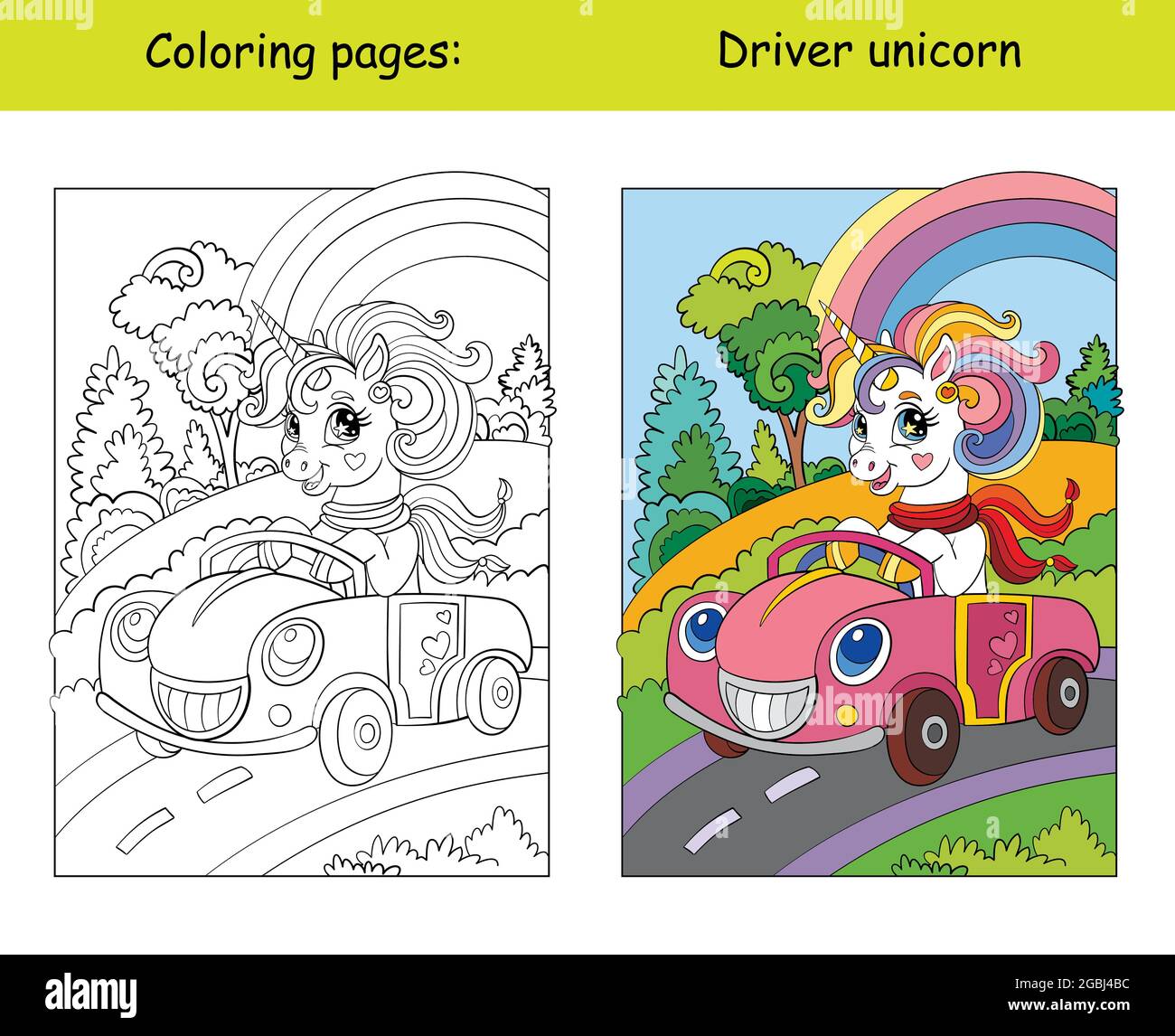 Cute unicorn with a scarf drive a car coloring book page for children with colorful template vector cartoon isolated illustration for coloring book stock vector image art
