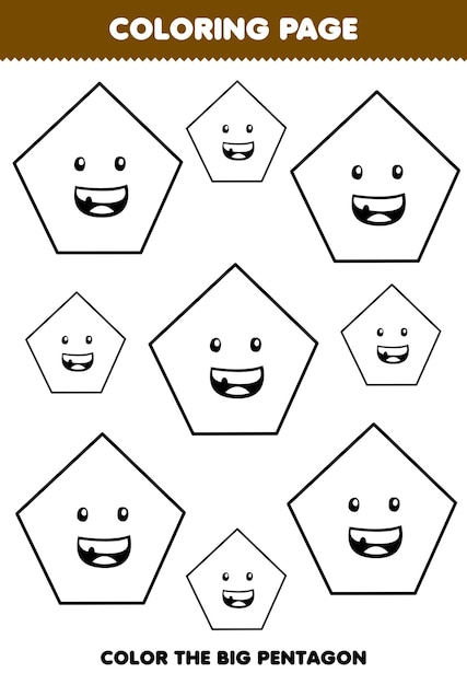 Premium vector education game for children coloring page big or small picture of geometric shape pentagon line art printable worksheet