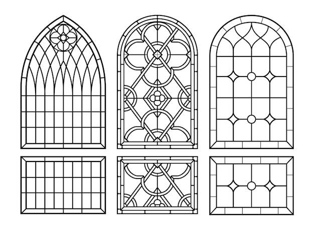 Premium vector arched vintage old window set with stained glass