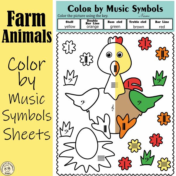 Farm animal themed music symbol coloring sheets for kids