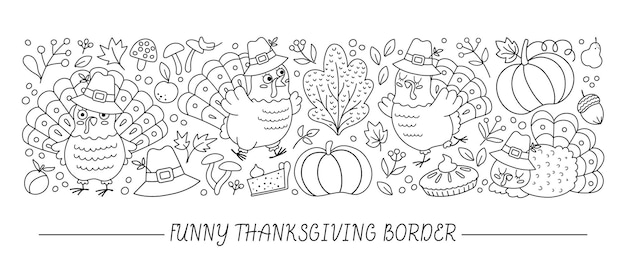 Premium vector vector black and white horizontal border set with cute turkeys pumpkins harvest and autumn forest elements outline thanksgiving card template design funny line fall holiday border xa