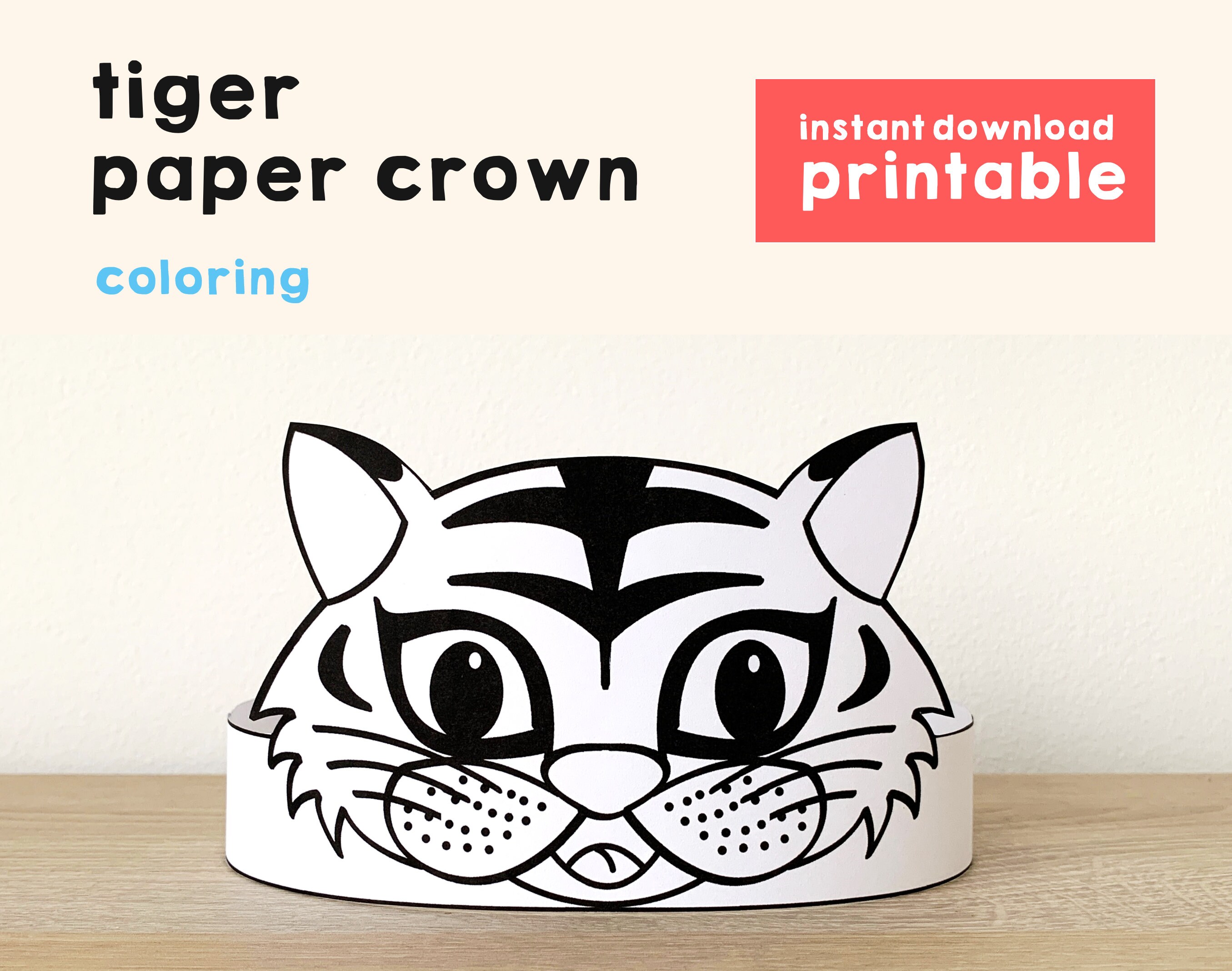 Tiger paper crown coloring printable kids craft tiger birthday party printable favor tiger costume diy printable instant download