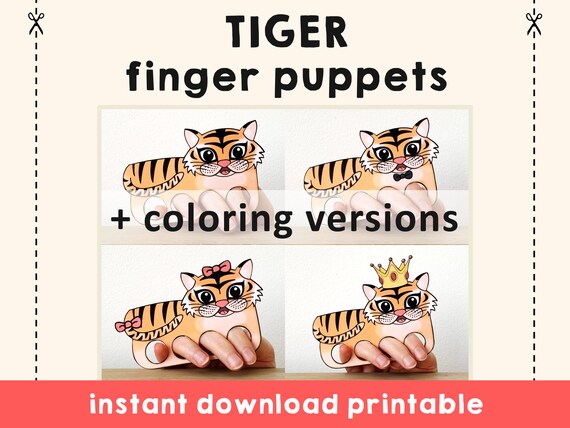 Tiger paper craft printable finger puppet kids craft animal birthday party tiger craft kids coloring tiger puppet printable instant download