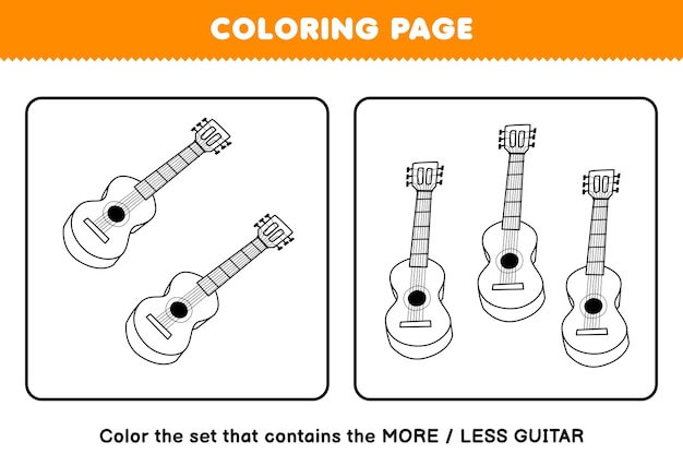 Premium vector education game for children coloring page more or less picture of cartoon music instrument guitar line art set printable worksheet