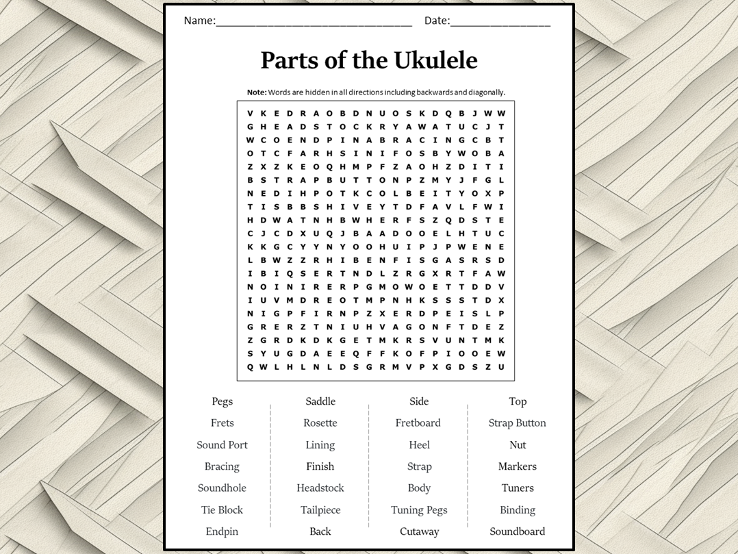 Parts of the ukulele word search puzzle worksheet activity teaching resources