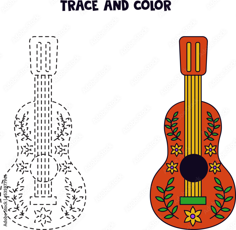 Trace and color cute hand drawn mexican guitar worksheet for children vector