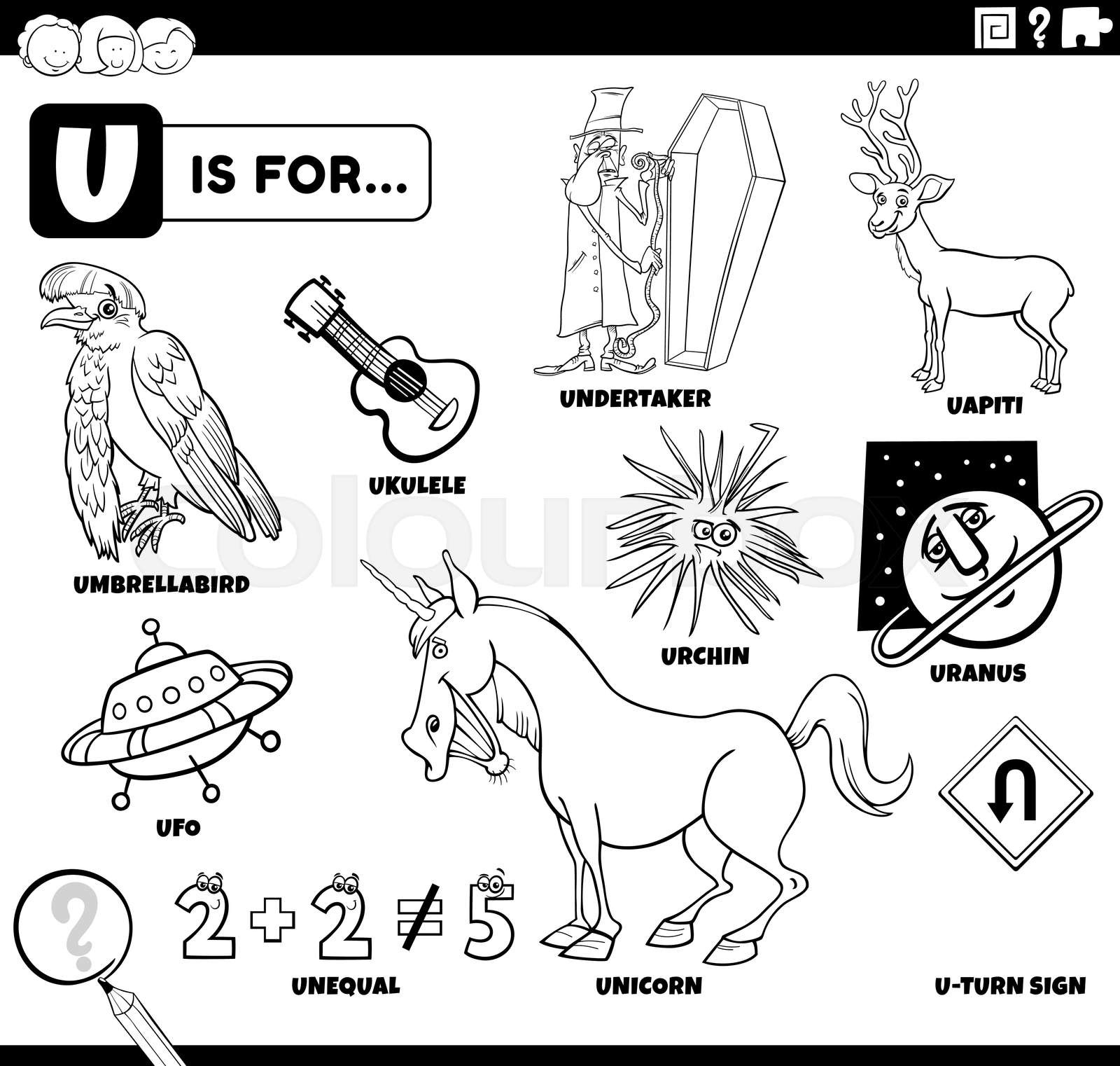 Letter u words educational set coloring book page stock vector