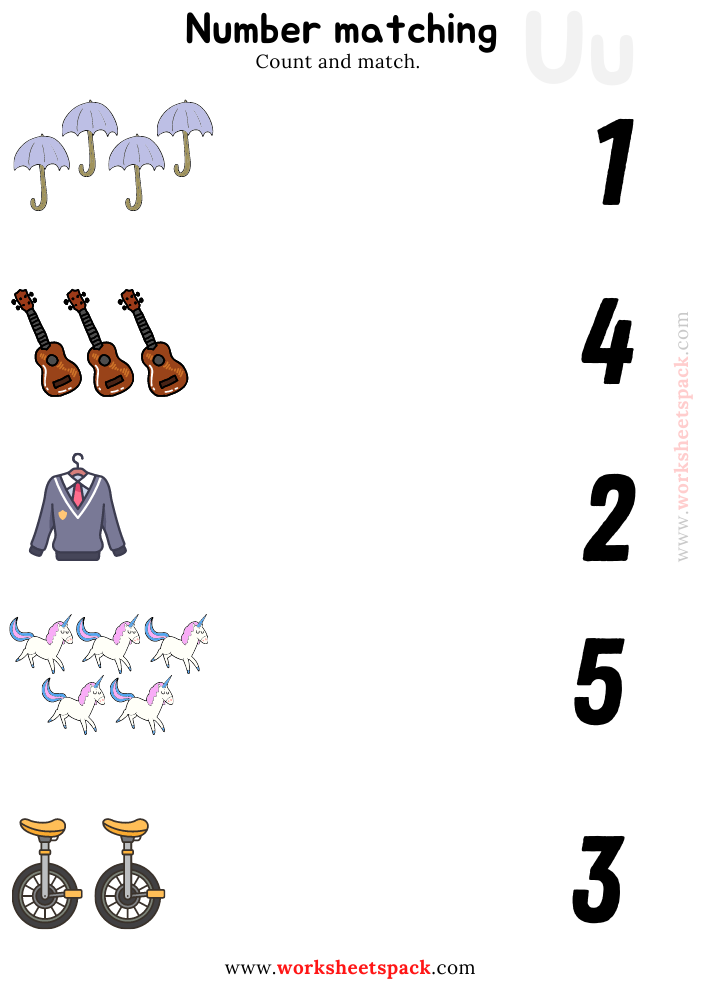 Number matching printables worksheets pdf counting umbrella ukulele unicorn