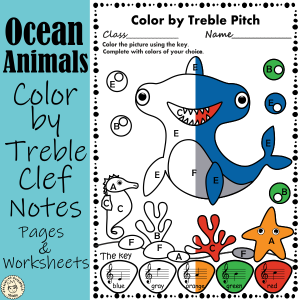 Ocean animals color by treble clef note names pages and worksheets