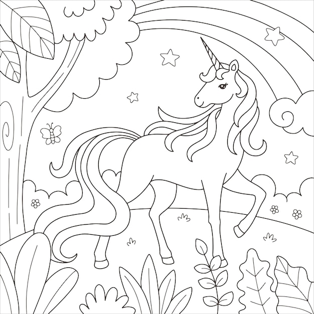 Premium vector printable unicorn in forest coloring page