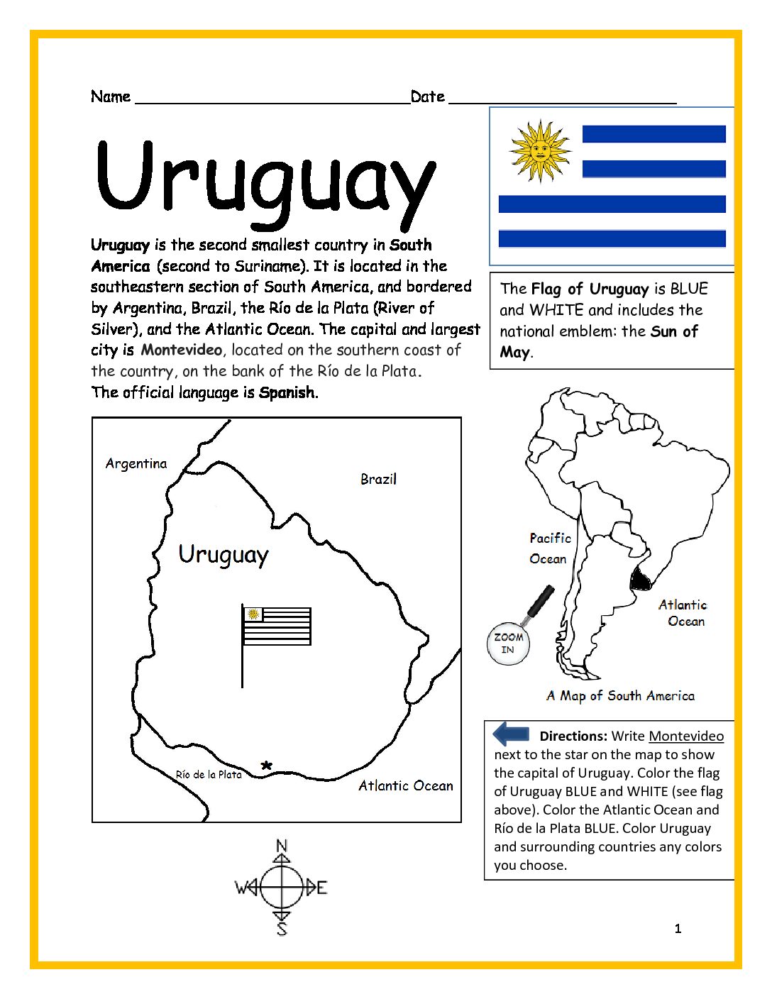 Uruguay printable worksheet with map and flag
