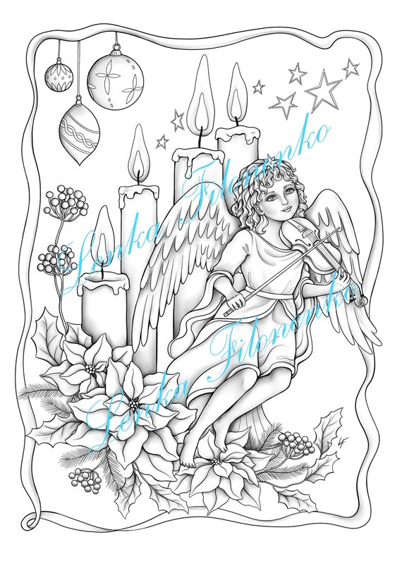 Coloring page for adults christmas vintage angel with violin grey scale pdf download and print