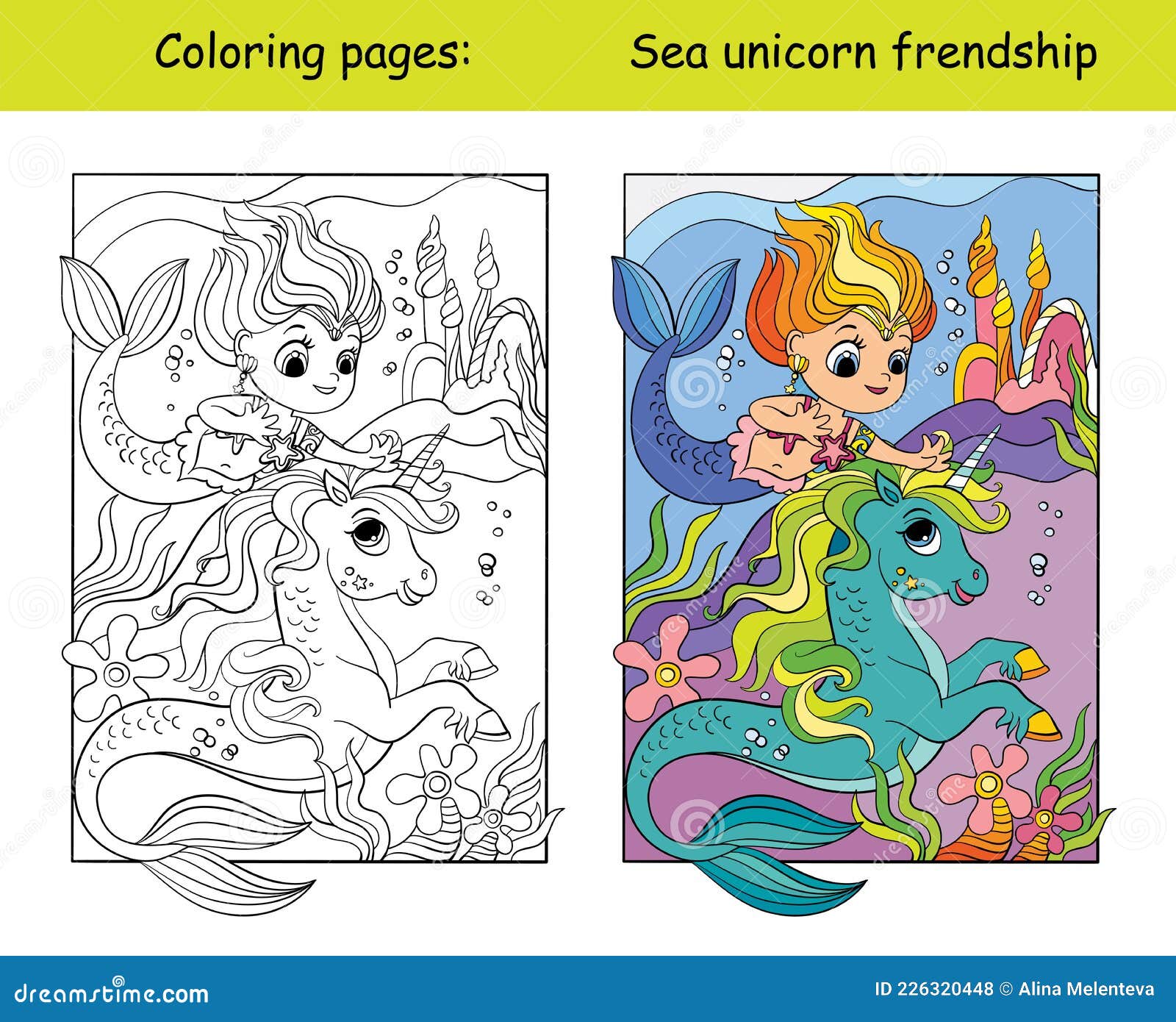 Coloring and color swimming unicorn and mermaid stock vector