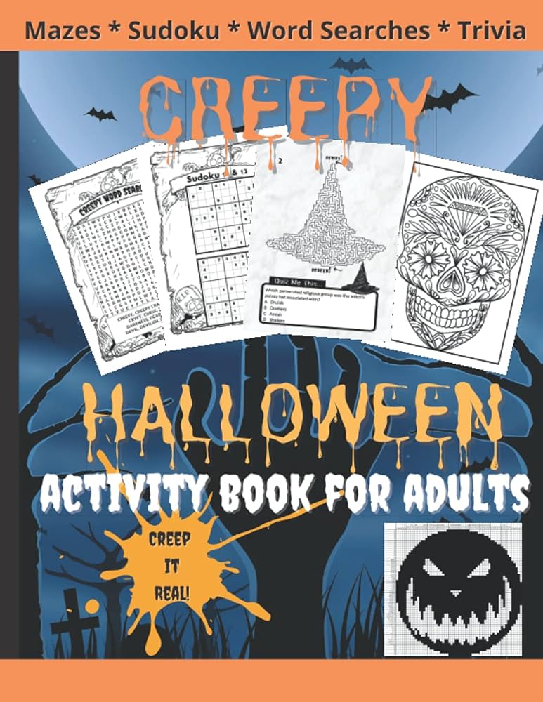 Halloween activity book for adults fun and creepy mazes with trivia word search nonogram sugar skull coloring pages sudoku rebus puns silly fill in the blank logic puzzles and games