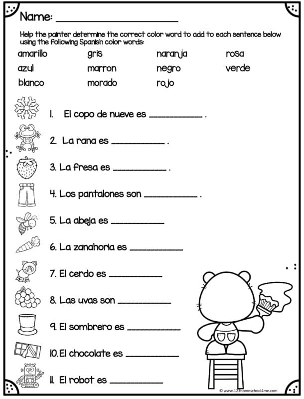 Free printable spanish color worksheets