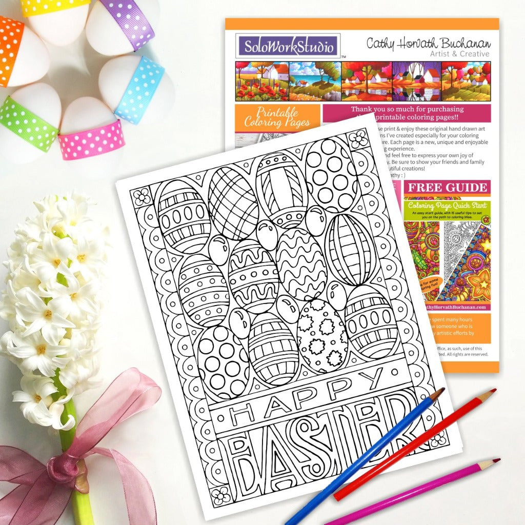 Happy easter flower bouquet coloring page pdf instant download â soloworkstudio