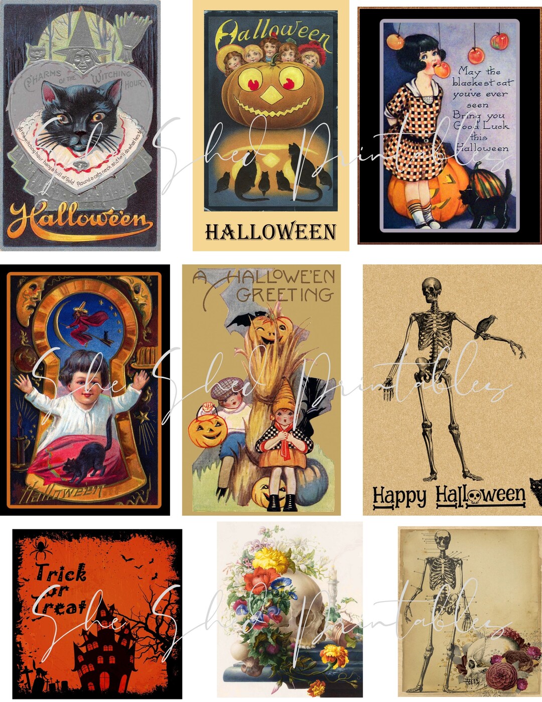 Vintage halloween cards tags postcards digital download vintage clipart jpg wall art junk journal image scrapbooking card tag making